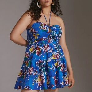 Anthropologie Emily Halter Tiered Mini Dress Blue Floral XS Summer Resortwear